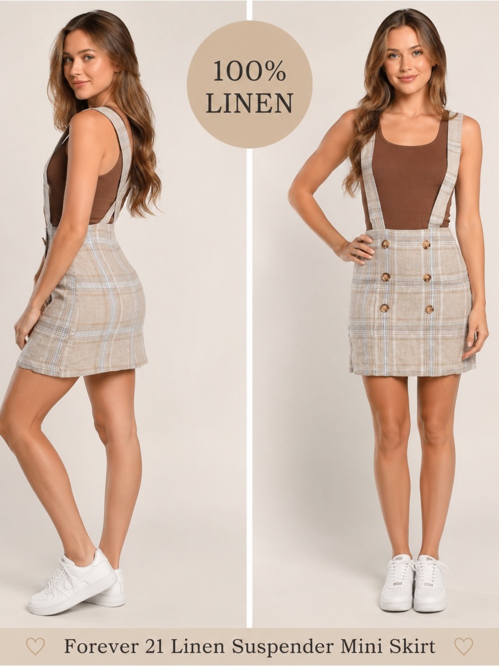 Y2K Forever 21 100% Linen Plaid Suspender Mini Skirt S Beige Cottagecore Preppy